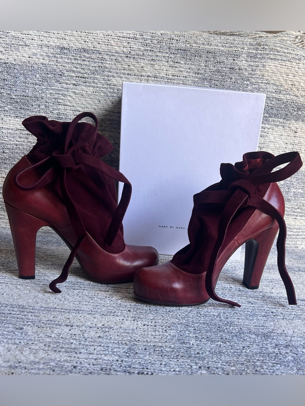 Marc by Marc Jacobs Burgundy Leather Ruffle Lace-Up Ankle Bootie Heels